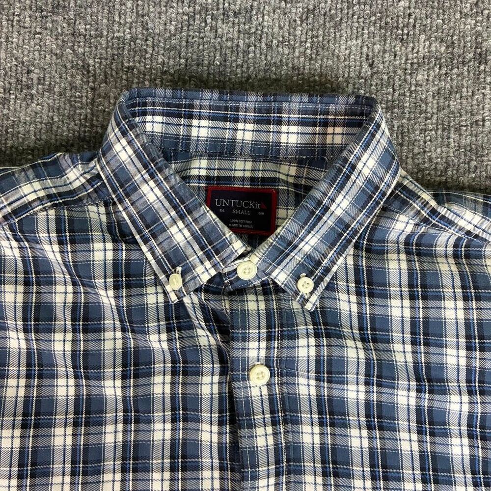 UNTUCKit Men’s Small Blue White Plaid Long Sleeve Button Up Shirt 100% Cotton